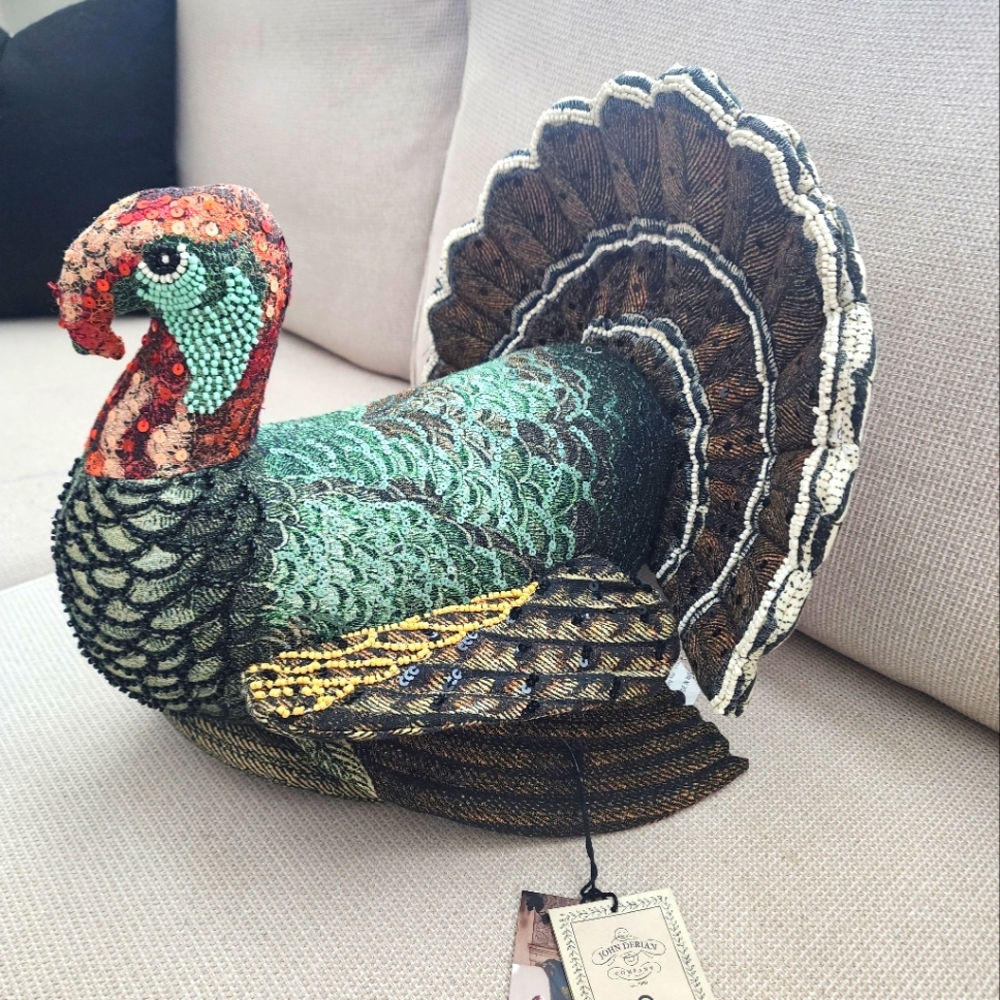 ~ SOLD~ John Derian - 16"x15" Beaded Turkey Novelty Plush Pillow IN HAND